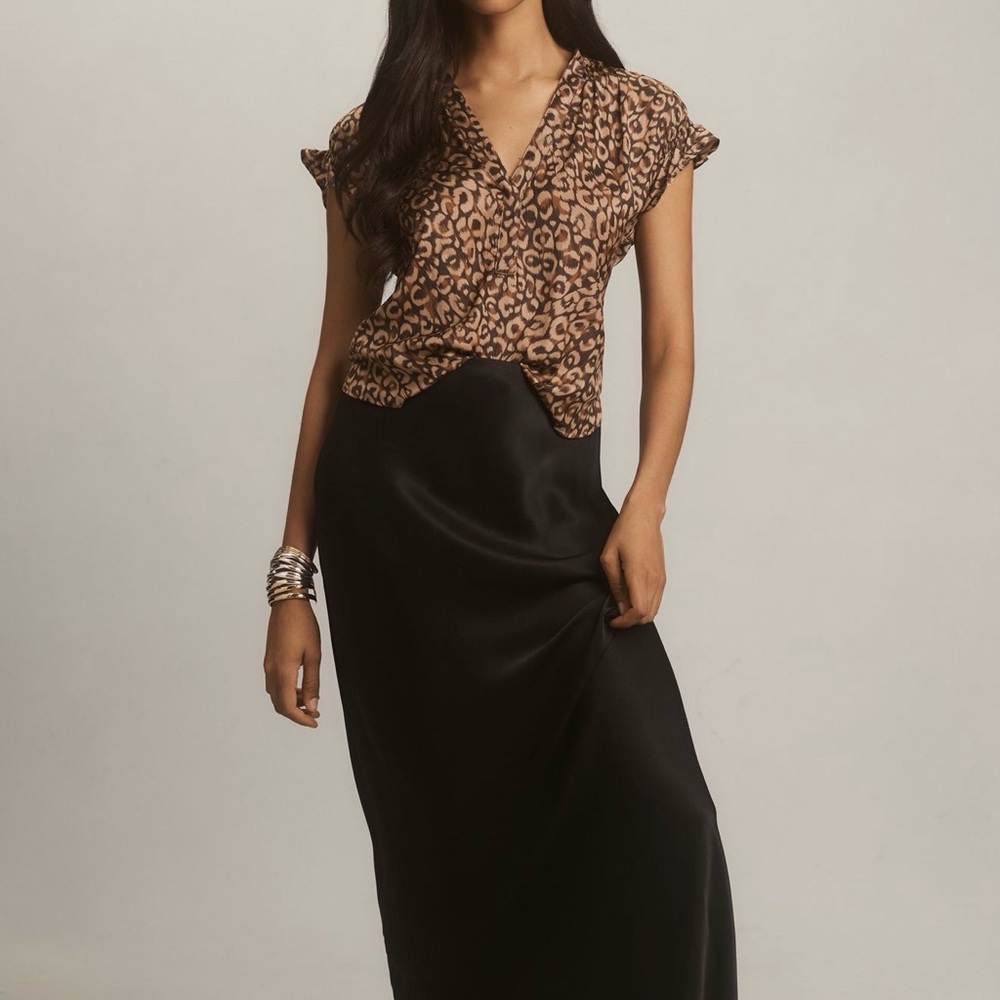 Anthropologie Brown and Black Leopard-Print V-Neck Blouse